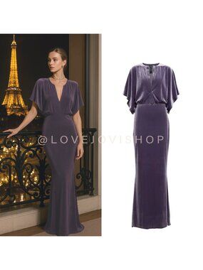 Dress | Norma Kamali Purple Velvet Fishtail Obie Gown | Wing Sleeve Deep V | XS